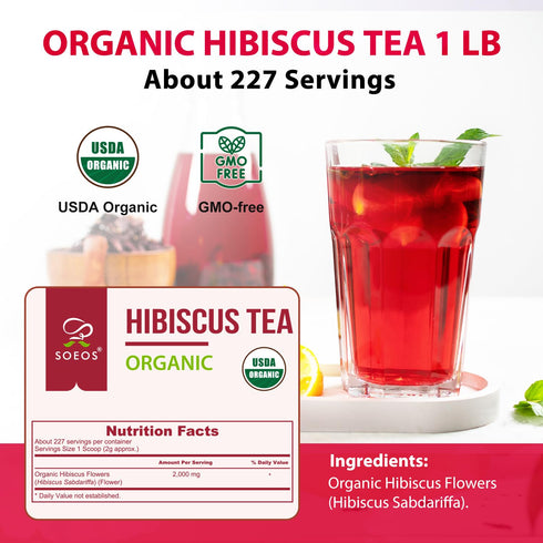 1lb (16oz), Soeos Organic Hibiscus Flower Herbal Tea, Hibiscus Tea Loose Leaf, Bold Tart Flavor, Caffeine-Free