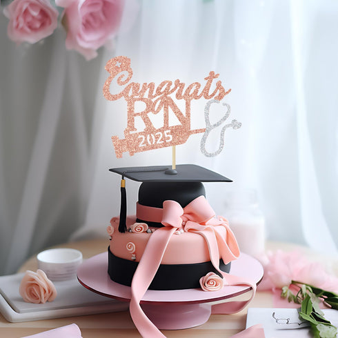 Rose Gold Glitter Congrats RN 2025 Cake Topper, 2025 Graduation Party Decoration