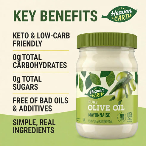 15 oz (2 Pack) 0g 0g Heaven & Earth Pure Olive Oil Mayonnaise, | Keto Friendly | Net Carbs, Sugar | No Canola Oil, No