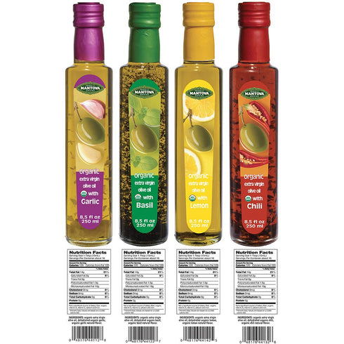 Pack (8.5 oz Pack 4) Mantova Organic Flavored Extra Virgin Olive Oil Variety Garlic, Basil, Chili, and Lemon Bottles