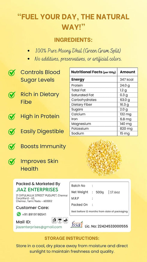17.6 Oz (500g) Jiaz Enterprises Moong Dal (Split Mung Beans Without Skin) Lentils Indian ~ All Natural | Gluten