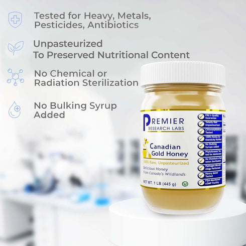 100% 1 lb Premier Research Labs Canadian Gold Honey - Raw Honey, Pure Honey, Raw Unpasteurized Honey, Unfiltered, Pure