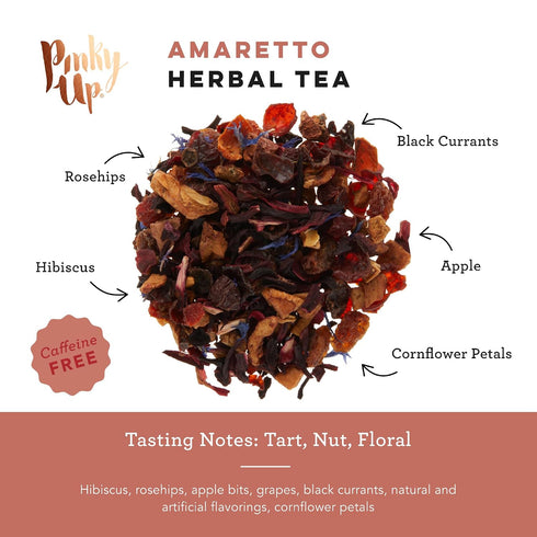 1.6 oz, 15 Pinky Up Amaretto Herbal Tea, Caffeine-Free Herbal Tea with Almond, Hibiscus, and Rosehips, Compostable