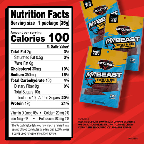 (10 Pack) 1.25 oz 12g 100% Jack Link's x MrBeast Sweet & Hot Beef Jerky - Bag - Ready to Eat Protein Snacks - Protein