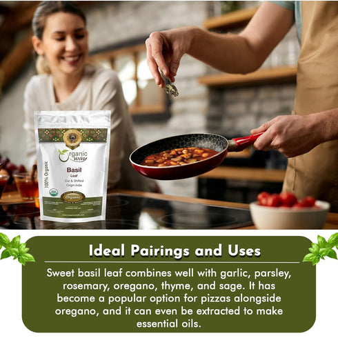 100% (8 Oz) Organic Way Basil Leaf Cut and Sifted | Non GMO, Kosher, USDA Certified Organic Basil Leaves | Dried