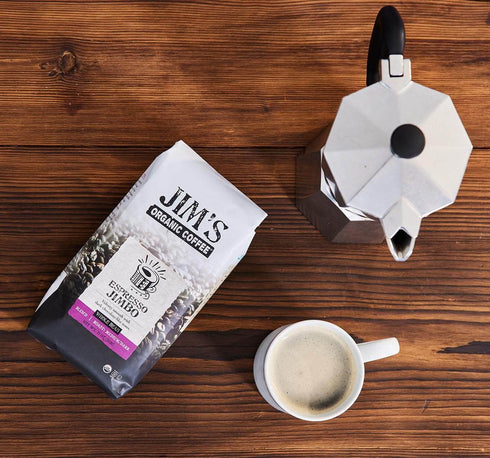 11oz Jims Organic Coffee Espresso Jimbo: Whole Bean Medium/Dark Roast Bag Certified Organic, Regeneratively Grown