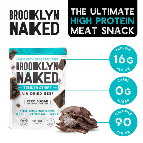 (2 oz, Pack 2) 30 Brooklyn Naked Tender Strips - of Chewy Air Dried Grass Fed Protein Snacks Sugar Free Beef Jerky
