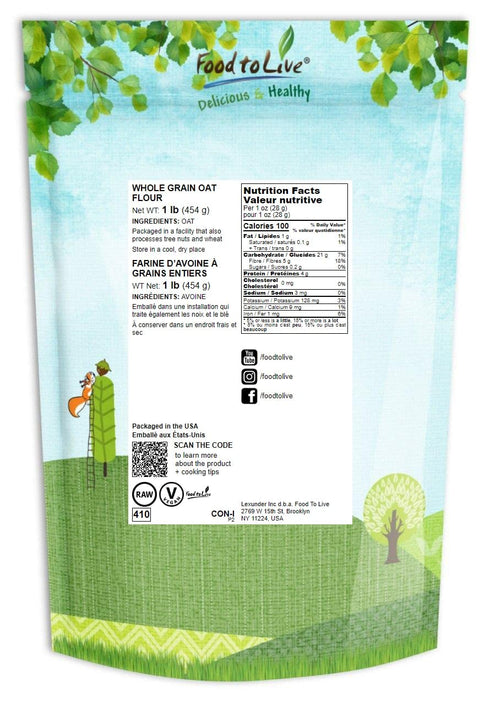 Food to Live Whole Grain Oat Flour Finely Ground from Whole Grain Oat Groats, Vegan. Rich in Fiber, Protein. Perfect