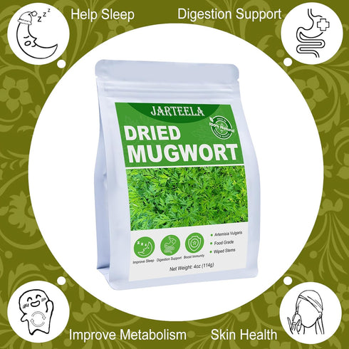 Jarteela Premium Dried Mugwort Herbs, 4oz Natural Loose Leaf for Tea, Non-GMO, Caffeine-Free