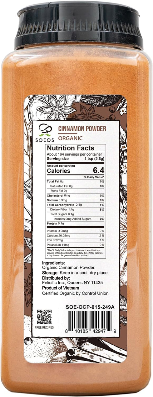 15 oz (425g), Soeos Organic Cinnamon Powder, Freshly Ground, Premium Aroma, Bold Warm Flavor, for Baking, Desserts