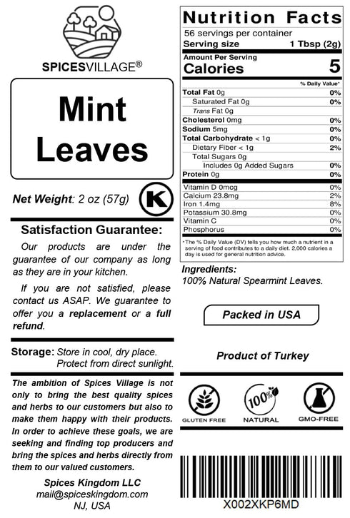 2 Oz Spices Village Mint Leaves, - Fresh Dried Spearmint Herbs, Crushed Mint Spice Great for Loose Leaf Tea, Dry Mint