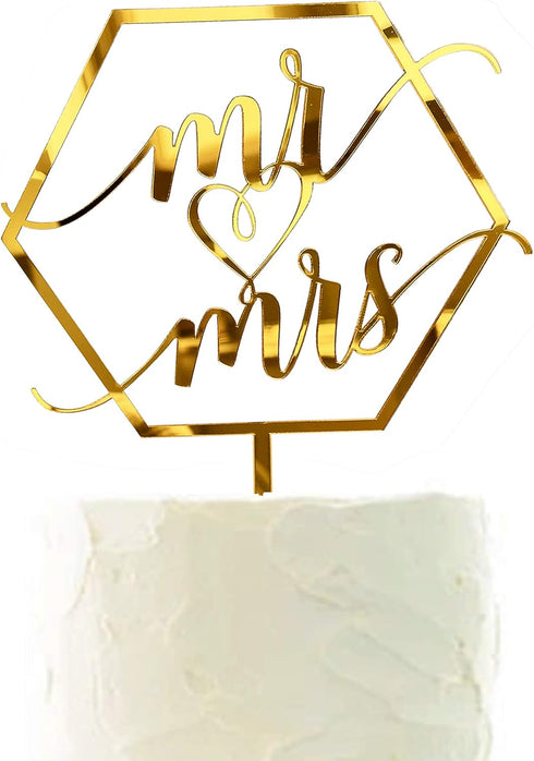 Larger Size Acrylic Mirror Gold Hexagon Mr and Mrs Cake Toppers - Elegant Handwriting Wedding, Bridal Shower,