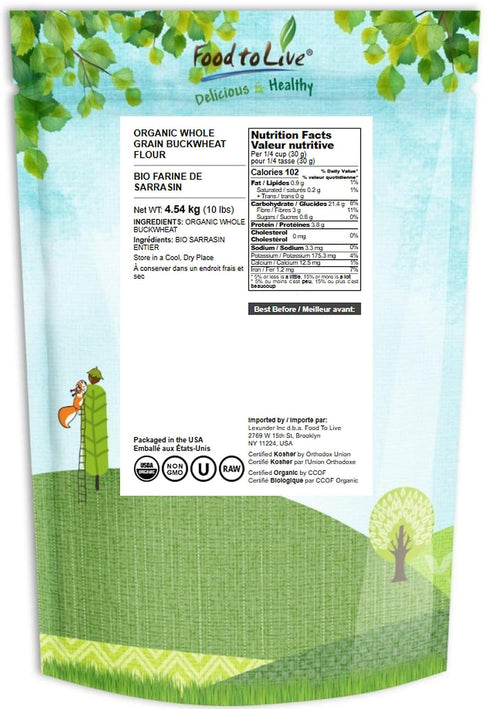 10 Food to Live Organic Whole Grain Buckwheat Flour, Pounds Non-GMO, Kosher, Unbleached, Unbromated, Unenriched, Stone