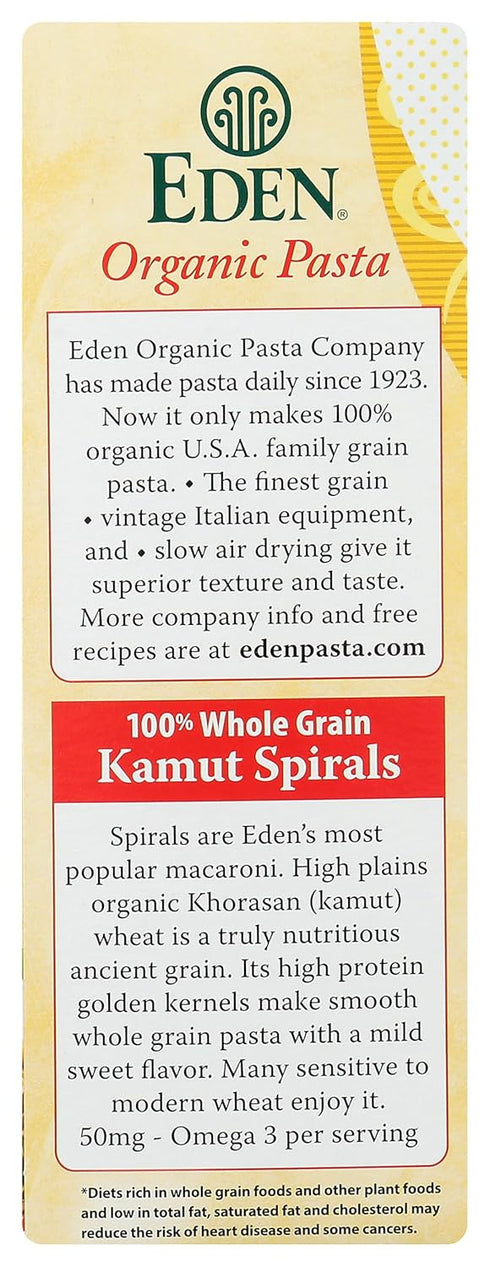 12 oz, 100% Eden Organic Kamut Spirals, Whole Grain, Fusilli, Macaroni Cut, Non-GMO