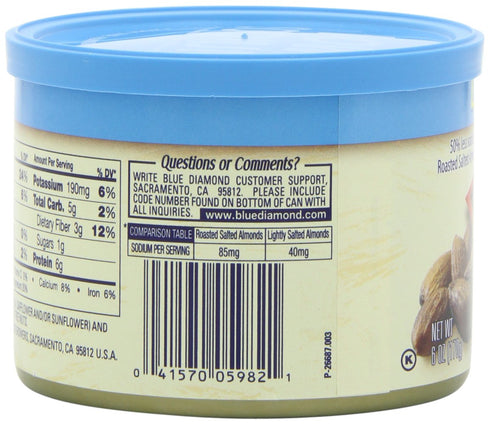 6 Oz (Pack 6) Blue Diamond Almonds Low Sodium Lightly Salted Snack Nuts, Resealable Cans