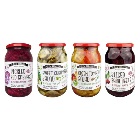 Set 32 Oz Sides and Salads Four Jars of Pickled Vegetables includes Red Cabbage, Sweet Cucumber Salad, Green Tomato