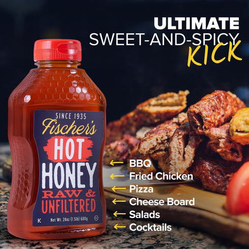 24 oz 100% Fischer's Hot Honey Raw Unfiltered Honey with Hot Pepper Spicy Honey for Pizza, Chicken, Charcuterie, BBQ