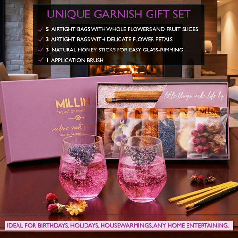 Set MILLIN Cocktail Garnish Gift Edible Flowers & Dehydrated Fruits | Premium Bar Accessories | Unique Gift for Her |