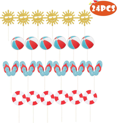 24Pcs Glitter Summer Beach Cupcake Toppers, Pool Party Picks for Hawaiian Theme Birthday Decorations