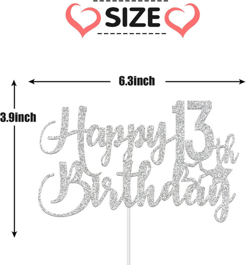 Silver Glitter Happy 13th Birthday Cake Topper - 13th Birthday Party Decoration, 13th Birthday Cake Topper