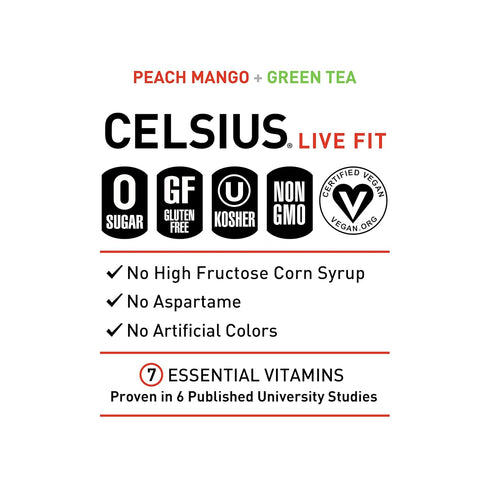 12 Oz (Pack 4) CELSIUS Fizz Free Peach Mango Green Tea, Sugar Free Energy Drink, Fl