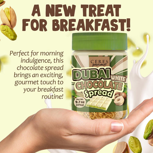 9.7 oz Dubai Spreadable White Chocolate Pistachio Spread with Roasted Phyllo, Gourmet Breakfast Chocolate
