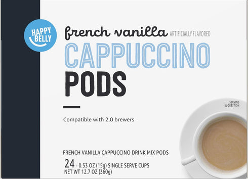 2.0 24 Count, 12.7 Happy Belly Cappuccino Coffee Pods Light Roast Compatible with K-Cup Brewers, French Vanilla