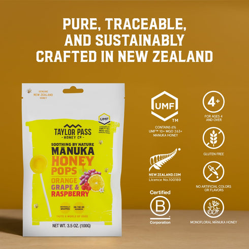 10+ Immune 13 Taylor Pass Honey Co Mnuka Honey Pops UMF | Manuka On-the-Go Lollipops for Kids & Adults | Sore Throat