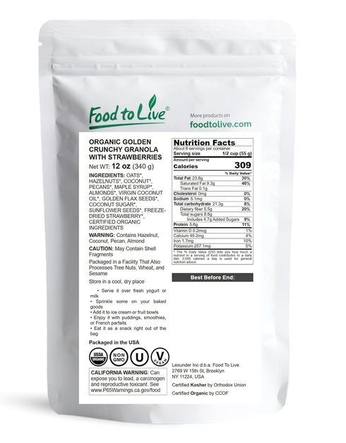 12 Food to Live Organic Golden Crunchy Granola with Strawberries, Ounces Handcrafted, Great for Breakfast Cereals