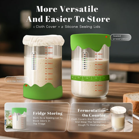 10-In-1 34 Oz Pro Sourdough Starter Kit Glass Jar With Lid, Cloth Cover, Date Band, Brush, Temp Strip, Silicone
