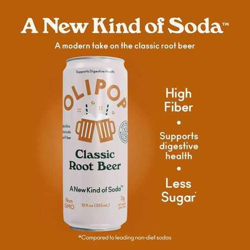 Pack Packed 12oz (12-Cans) OLIPOP Prebiotic Soda Pop, Classic Root Beer, Pantry with Prebiotics, Fiber, and Botanicals