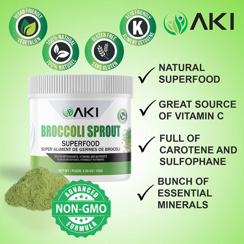 (5.29oz/150g) AKI Broccoli Sprout Powder - Ideal in Vitamins & Sulforaphane - Superfood for Green Veggie Smoothie