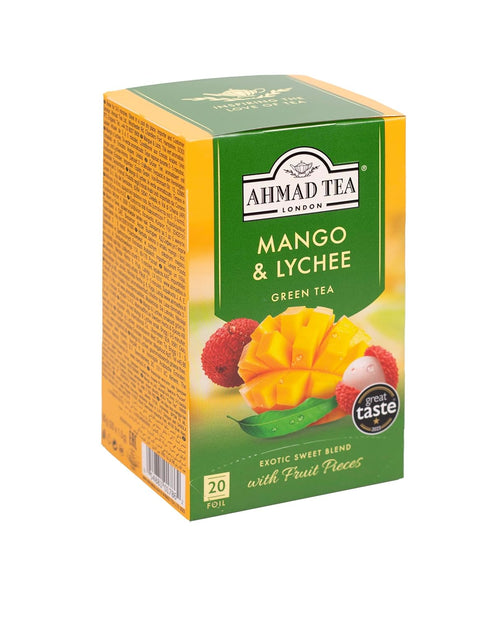 20 Count, Pack 6 Ahmad Tea Mango & Lychee Flavored Green Tea with Fruit Pieces