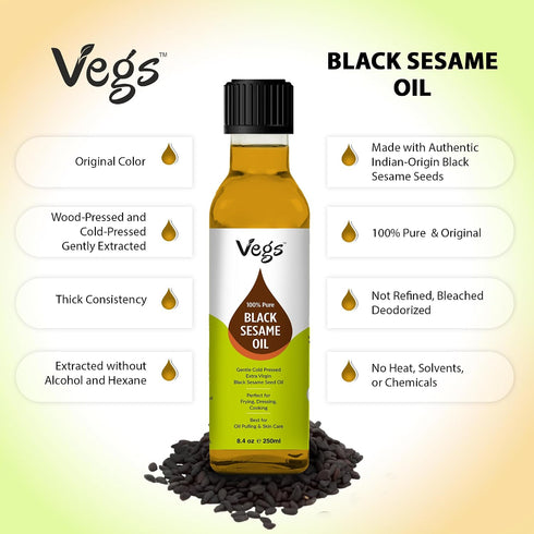 100% 8.4 oz Vegs Black Sesame Oil - Pure Organic Cold-Pressed Extra Black Sesame Seed Oil for Cooking, Skin, Hair
