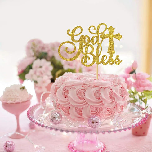 WeBenison God Bless Cake Topper, Gold Glitter for First Communion Baby Shower Party Decorations