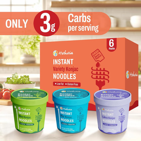 6 Packs, Hethstia Konjac Noodles Soup Cup Variety Flavor (Pho, Miso, Laksa), Vegan, Gluten-Free, Sugar-Free, Keto