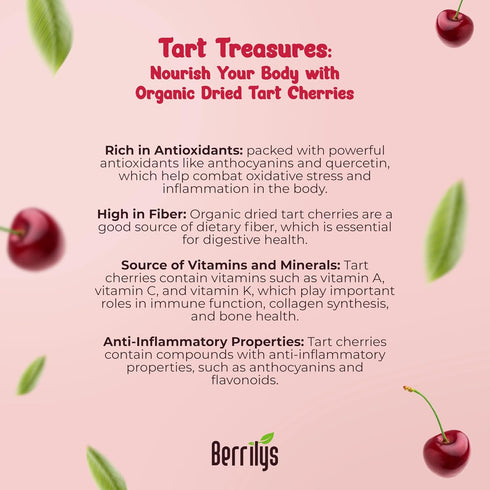 1 lb, (16 oz) Berrilys Organic Unsweetened Dried Tart Cherries - No Sugar Added, Perfect for Baking, Snacking & Salads