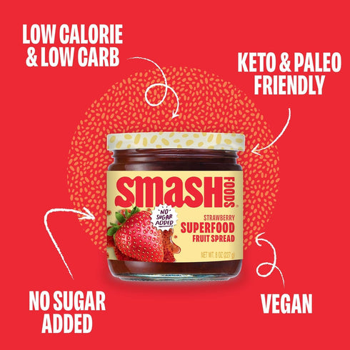 Smash Foods 17.5 oz Strawberry Superfood Fruit Spread, No Sugar Added, Keto Jam with Chia Seeds, Vegan, Low-Calorie