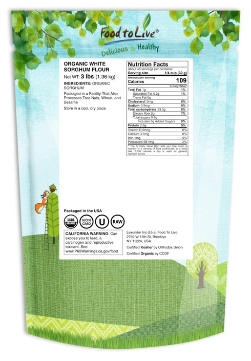 3 Food to Live Organic White Sorghum Flour, Pounds Non-GMO, Finely Ground, Pure, Raw. Good Source of Protein and Fiber.
