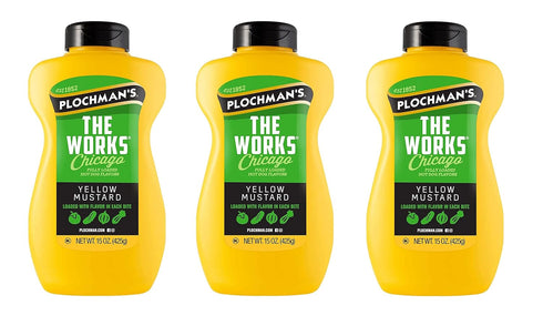 Plochmans The Works Yellow Mustard, Fully Loaded with Chicago Hot Dog Flavors,