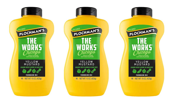 Plochmans The Works Yellow Mustard, Fully Loaded with Chicago Hot Dog Flavors,