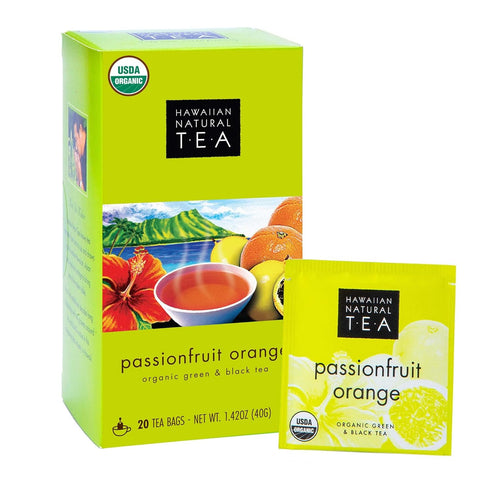 Hawaiian Natural Passion Fruit Orange Flavored Organic Tea - Tropical Fruit Green & Black Tea Blend, 20 Bags, Perfect