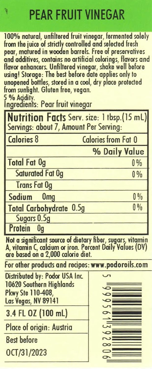 3.4 Oz. 100% PDR Premium Pear Vinegar - fl. - Natural, Aged in Oak Barrels, Fermented, Unfiltered, Vegan, Gluten-Free