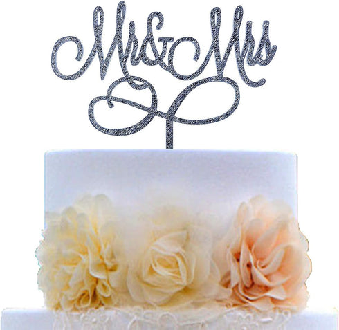 Mr and Mrs Cake Topper Bride and Groom Sign Wedding Engagement Decorations - Silver Glitter Acrylic