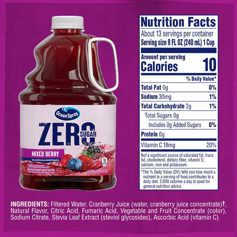 101.4 Oz (Pack 6) Ocean Spray ZERO Sugar Mixed Berry Juice Drink, Cranberry Juice Drink Sweetened with Stevia, Fl