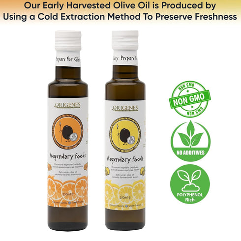 Pack 2 1 1 2X250ml of Extra Virgin Flavored Olive Oil, Bottle Lemon Infused, Bottle Orange Infused EVOO, Cold Pressed