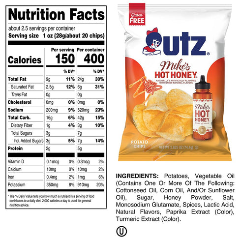 14 2.625 oz. Utz Mike's Hot Honey Potato Chips, ct, Bags - Spicy & Sweet Flavor, Gluten-Free, Made with Mikes Hot Honey