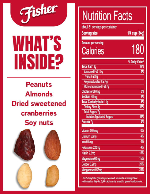38 oz (Pack 1), Fisher Snack Hunger Fighter Bulk Trail Mix, of Peanuts, Almonds, Dried Sweetened Cranberries and Soy