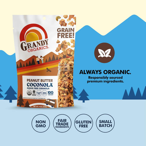 9oz Pack 3 Grandy Organics Peanut Butter Coconola Granola, Certified Organic, Gluten Free, Grain Free, Peanut Butter