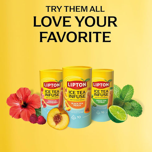 10ct/1ea Pack) Lipton Ice Tea Infuse (Hibiscus Rapberry, Green Tea Citrus, Black Tea Peach) - Cold Brew Tea Bags